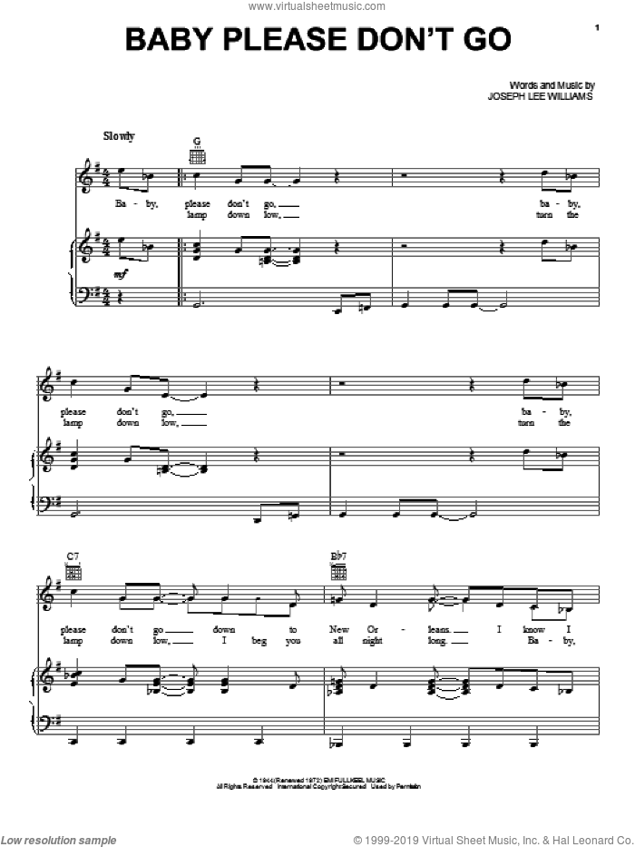 Baby Please Don't Go sheet music for voice, piano or guitar by Van Morrison, Joseph Lee Williams and Them, intermediate skill level