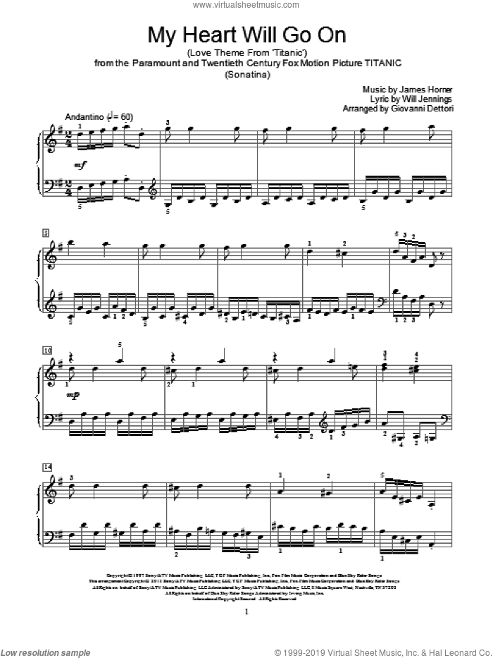 My Heart Will Go On (Love Theme from Titanic) sheet music for piano solo (elementary) by Celine Dion, Giovanni Dettori, James Horner and Will Jennings, wedding score, beginner piano (elementary)