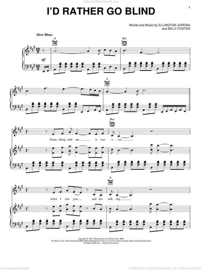 I'd Rather Go Blind sheet music for voice, piano or guitar by Etta James, Billy Foster and Ellington Jordan, intermediate skill level