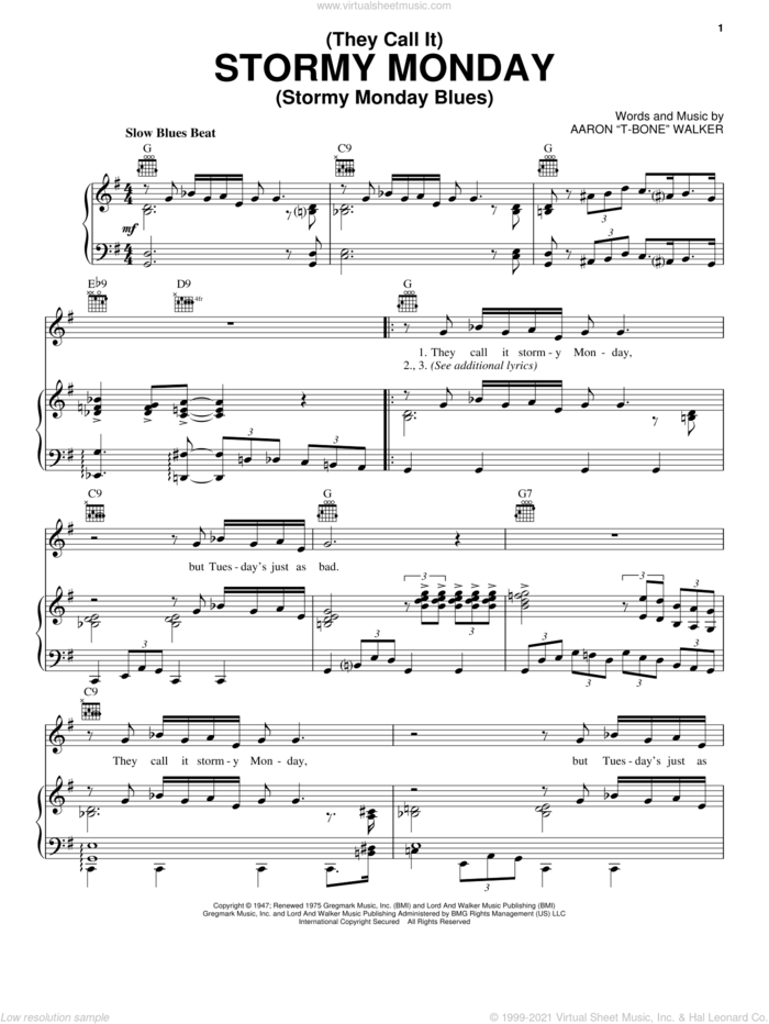 (They Call It) Stormy Monday (Stormy Monday Blues) sheet music for voice, piano or guitar by Aaron 'T-Bone' Walker, intermediate skill level