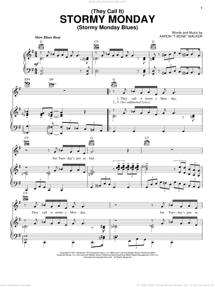 (They Call It) Stormy Monday (Stormy Monday Blues) sheet music for voice, piano or guitar by Aaron 'T-Bone' Walker, intermediate skill level