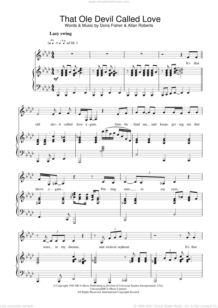 That Ole Devil Called Love sheet music for voice and piano by Diana Krall, Allan Roberts and Doris Fisher, intermediate skill level