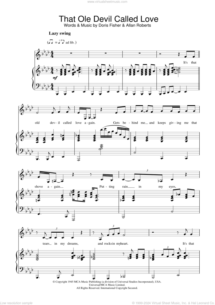 That Ole Devil Called Love sheet music for voice and piano by Diana Krall, Allan Roberts and Doris Fisher, intermediate skill level