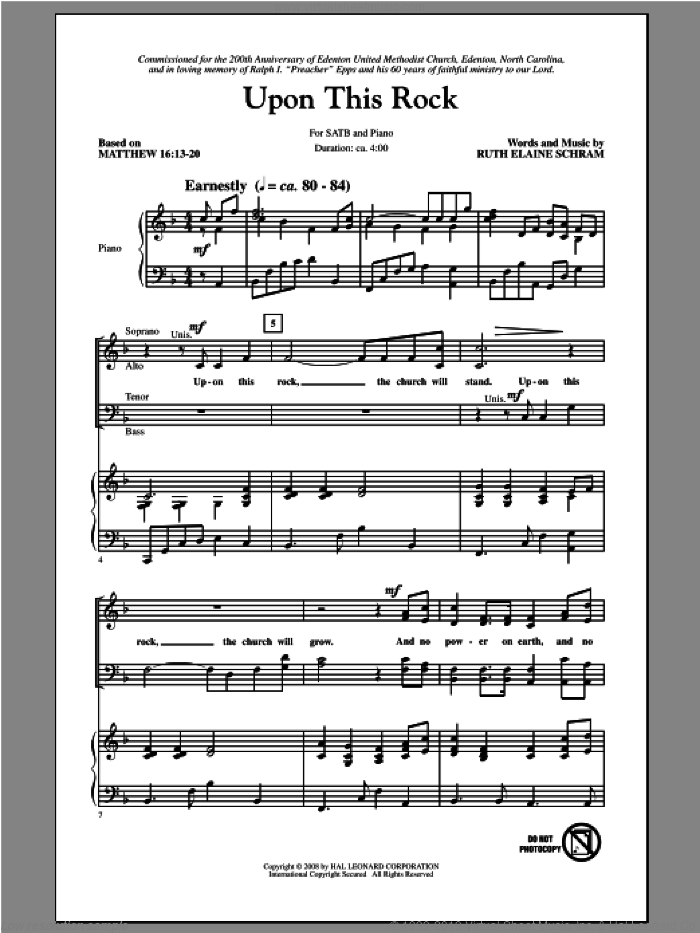 Upon This Rock sheet music for choir (SATB: soprano, alto, tenor, bass) by Ruth Elaine Schram, intermediate skill level