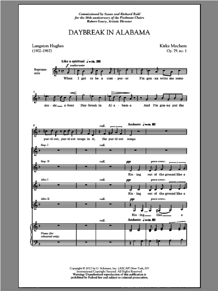 Daybreak In Alabama sheet music for choir (SSA: soprano, alto) by Kirke Mechem, intermediate skill level