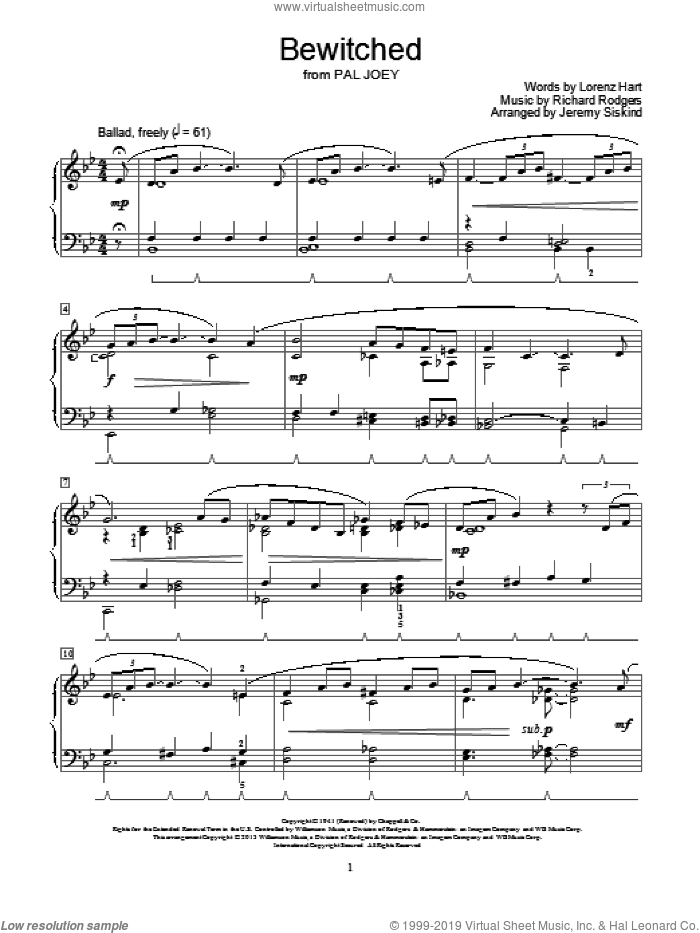 Bewitched sheet music for piano solo (elementary) by Jeremy Siskind, Betty Smith Group, Lorenz Hart and Richard Rodgers, beginner piano (elementary)