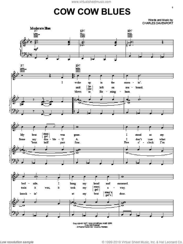 Cow Cow Blues sheet music for voice, piano or guitar by Charles Davenport, intermediate skill level