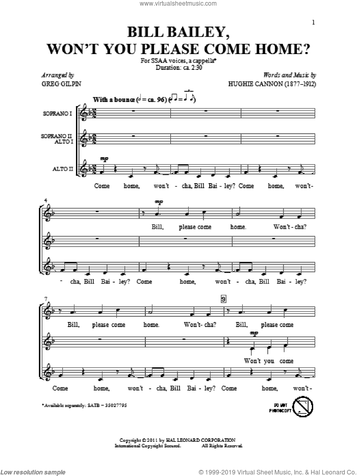 Bill Bailey, Won't You Please Come Home (arr. Greg Gilpin) sheet music for choir (SSA: soprano, alto) by Greg Gilpin and Hughie Cannon, intermediate skill level