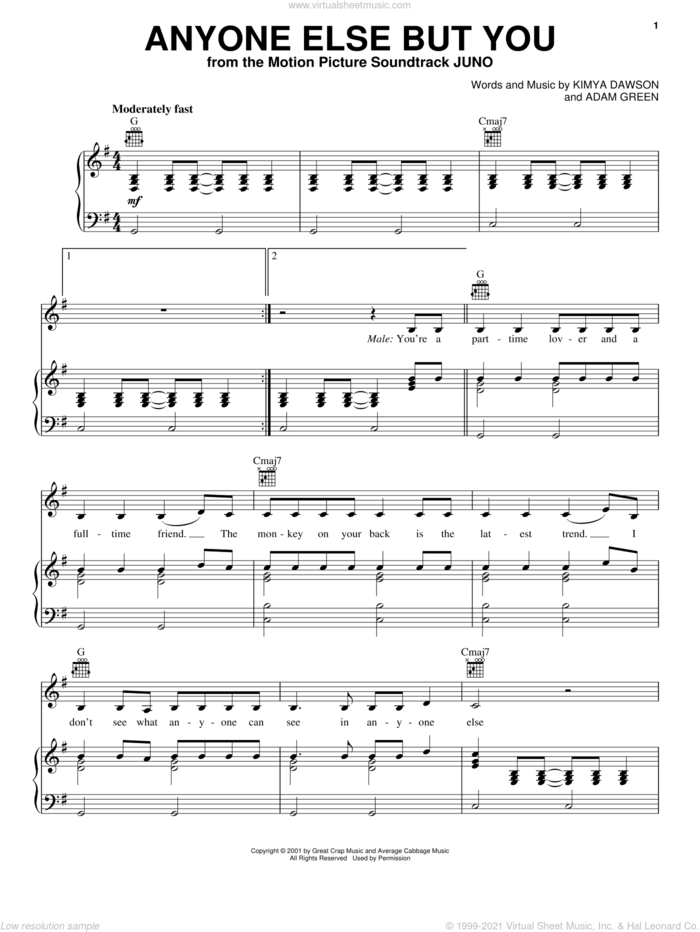 Anyone Else But You sheet music for voice, piano or guitar by The Moldy Peaches, Juno (Movie) and Michael Cera and Ellen Page, intermediate skill level
