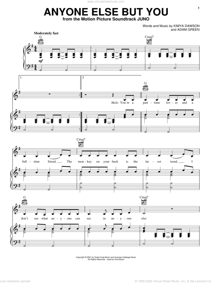 Anyone Else But You sheet music for voice, piano or guitar by The Moldy Peaches, Juno (Movie) and Michael Cera and Ellen Page, intermediate skill level