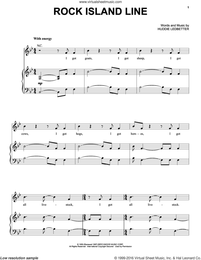 Rock Island Line sheet music for voice, piano or guitar by Huddie Ledbetter and Lead Belly, intermediate skill level