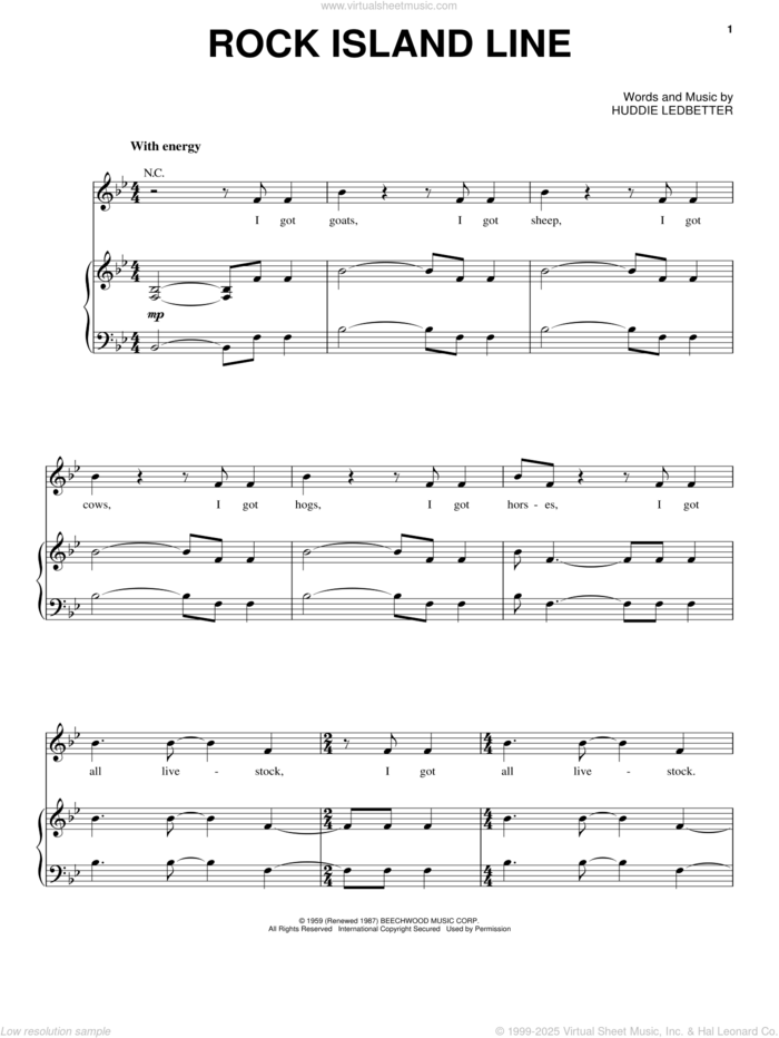 Rock Island Line sheet music for voice, piano or guitar by Huddie Ledbetter and Lead Belly, intermediate skill level