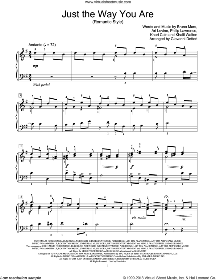 Just The Way You Are sheet music for piano solo (elementary) by Bruno Mars and Giovanni Dettori, wedding score, beginner piano (elementary)