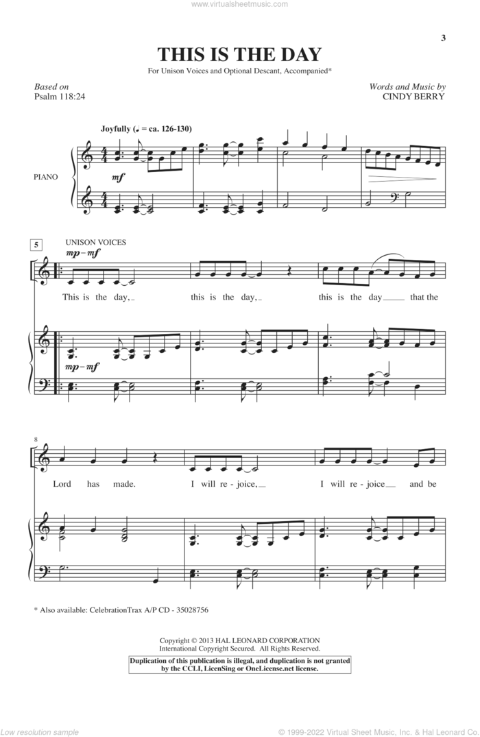 This Is The Day sheet music for choir (Unison) by Cindy Berry, intermediate skill level