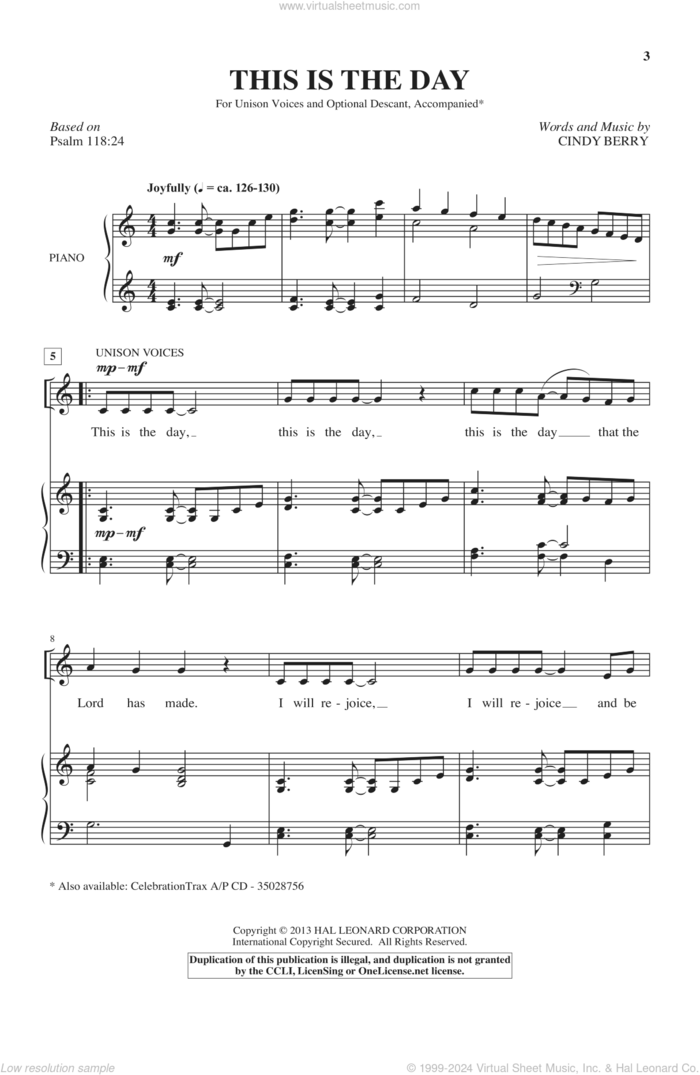 This Is The Day sheet music for choir (Unison) by Cindy Berry, intermediate skill level