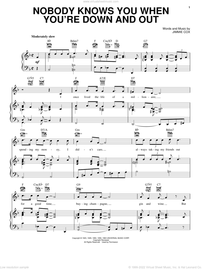 Nobody Knows You When You're Down And Out sheet music for voice, piano or guitar by Eric Clapton and Jimmie Cox, intermediate skill level