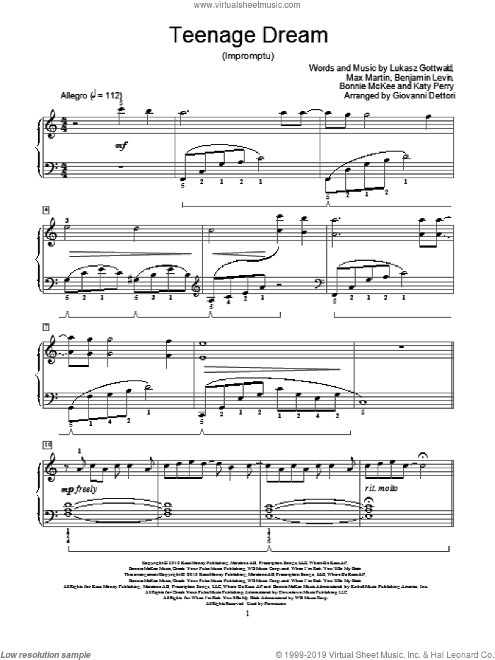 Teenage Dream sheet music for piano solo (elementary) by Katy Perry and Giovanni Dettori, beginner piano (elementary)