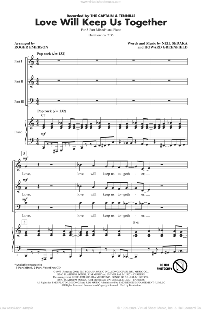 Love Will Keep Us Together sheet music for choir (3-Part Mixed) by Roger Emerson, intermediate skill level