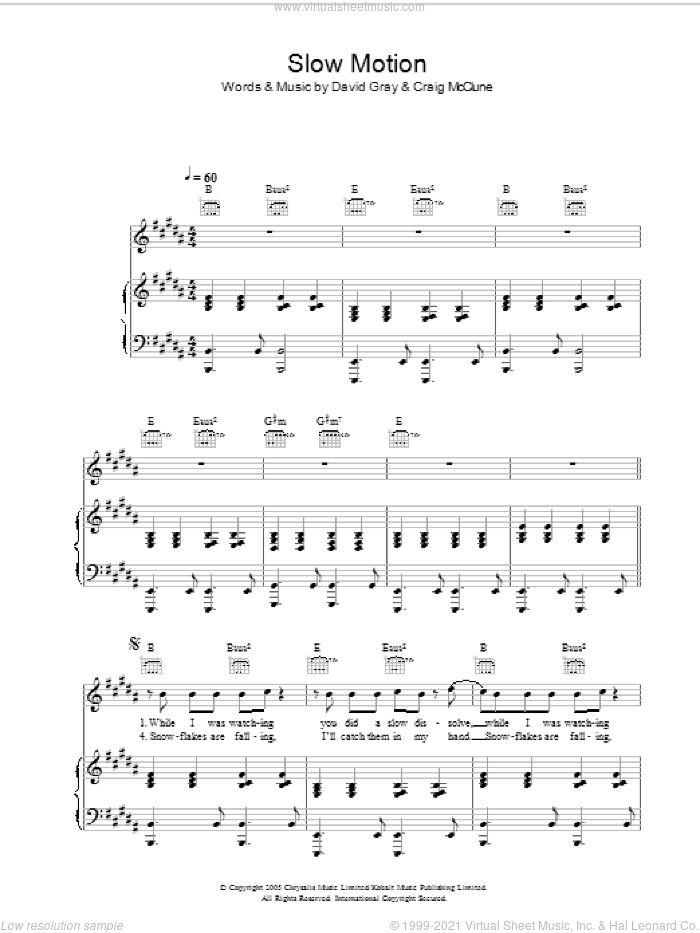 Slow Motion sheet music for voice, piano or guitar by David Gray and Craig McClune, intermediate skill level