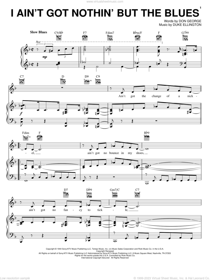 I Ain't Got Nothin' But The Blues sheet music for voice, piano or guitar by Duke Ellington, Ella Fitzgerald and Don George, intermediate skill level