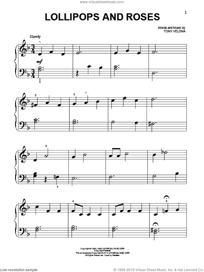 Lollipops And Roses, (beginner) sheet music for piano solo by Jack Jones and Tony Velona, beginner skill level