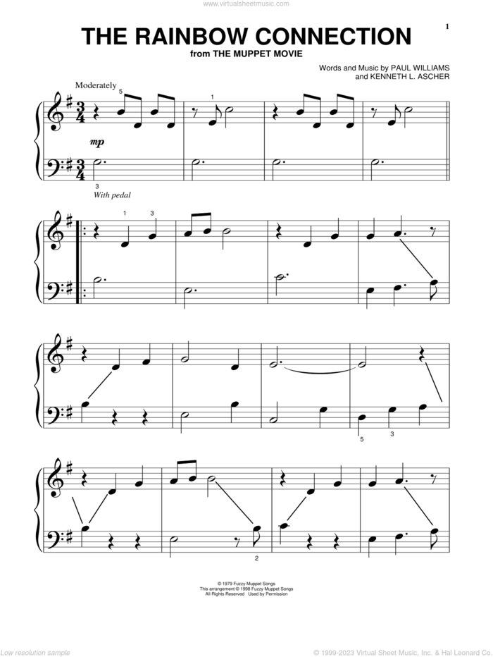The Rainbow Connection, (beginner) sheet music for piano solo by Paul Williams and Kenneth L. Ascher, beginner skill level
