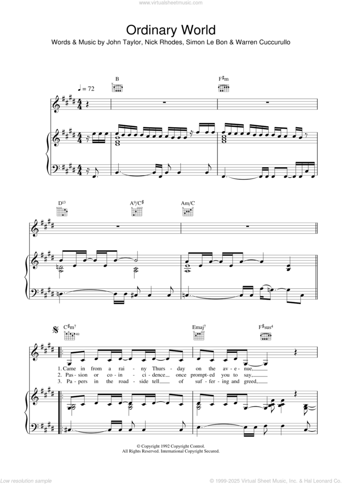 Ordinary World sheet music for voice, piano or guitar by Duran Duran, John Taylor, Nick Rhodes, Simon LeBon and Warren Cuccurullo, intermediate skill level