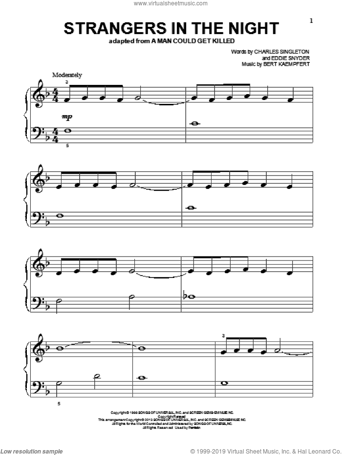Strangers In The Night sheet music for piano solo by Frank Sinatra, beginner skill level