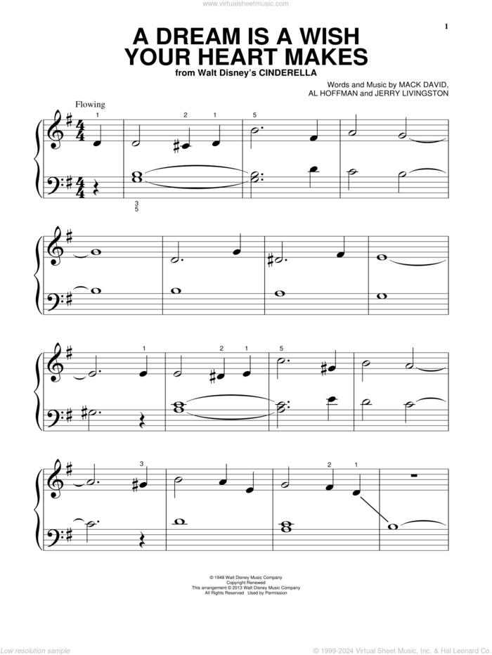 A Dream Is A Wish Your Heart Makes (from Cinderella), (beginner) sheet music for piano solo by Al Hoffman, Ilene Woods, Jerry Livingston, Linda Ronstadt and Mack David, wedding score, beginner skill level