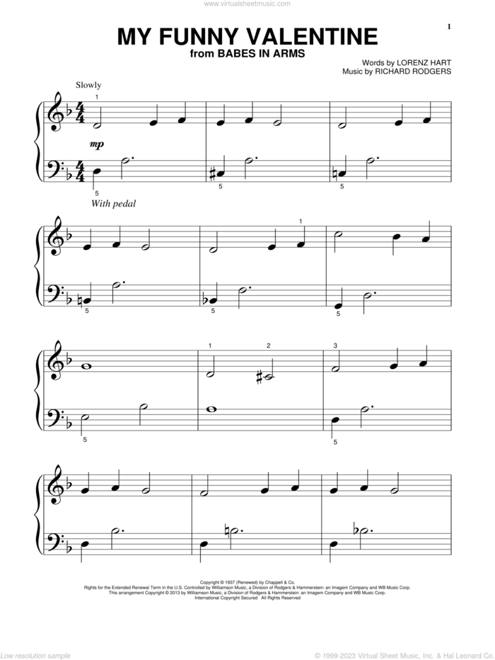 My Funny Valentine, (beginner) sheet music for piano solo by Rodgers & Hart, Lorenz Hart and Richard Rodgers, beginner skill level