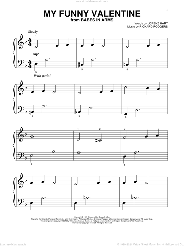 My Funny Valentine, (beginner) sheet music for piano solo by Rodgers & Hart, Lorenz Hart and Richard Rodgers, beginner skill level