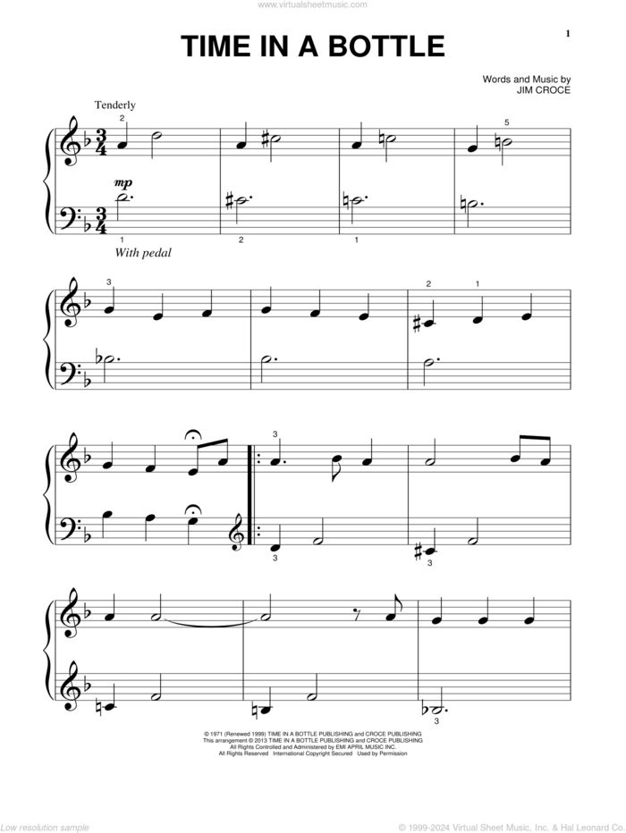 Time In A Bottle, (beginner) sheet music for piano solo by Jim Croce, beginner skill level