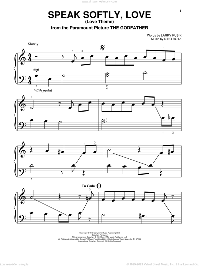 Speak Softly, Love (Love Theme), (beginner) sheet music for piano solo by Andy Williams, Larry Kusik and Nino Rota, beginner skill level