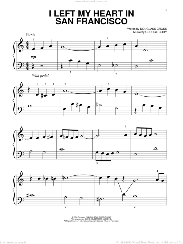 I Left My Heart In San Francisco, (beginner) sheet music for piano solo by Tony Bennett, beginner skill level