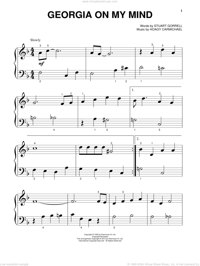 Georgia On My Mind, (beginner) sheet music for piano solo by Ray Charles and Willie Nelson, beginner skill level