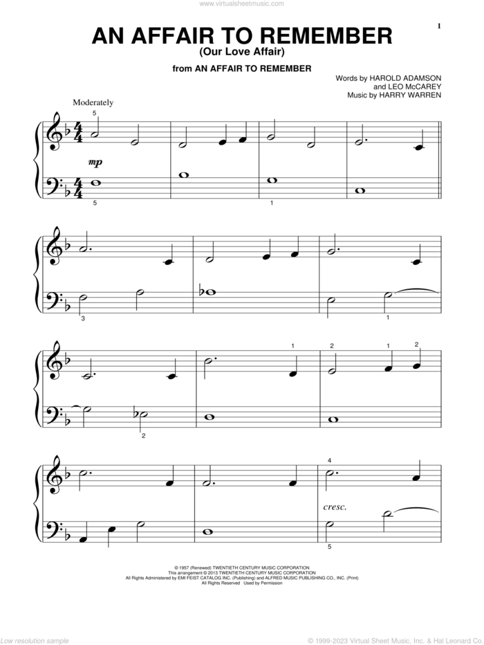 An Affair To Remember (Our Love Affair) sheet music for piano solo by Harry Warren, Harold Adamson and Leo McCarey, beginner skill level