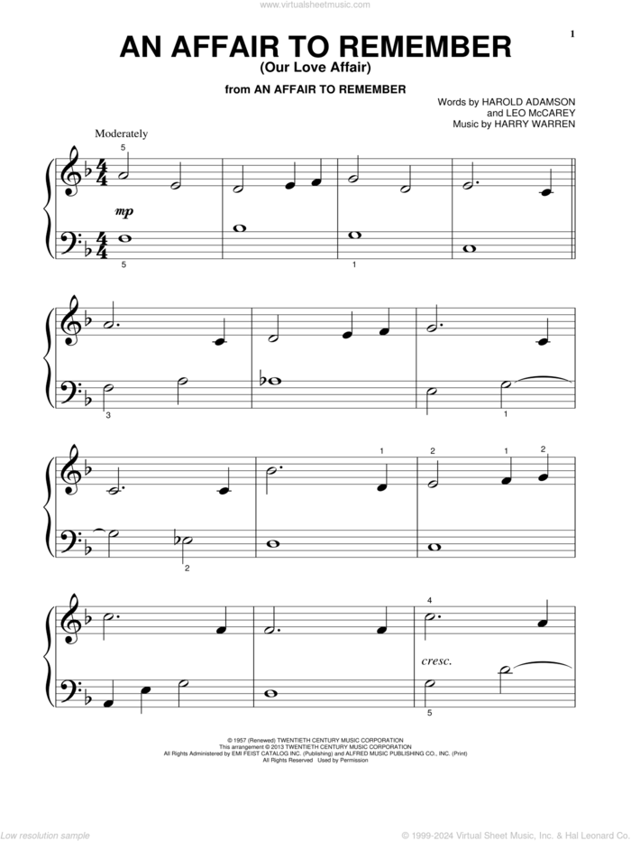 An Affair To Remember (Our Love Affair), (beginner) sheet music for piano solo by Harry Warren, Harold Adamson and Leo McCarey, beginner skill level