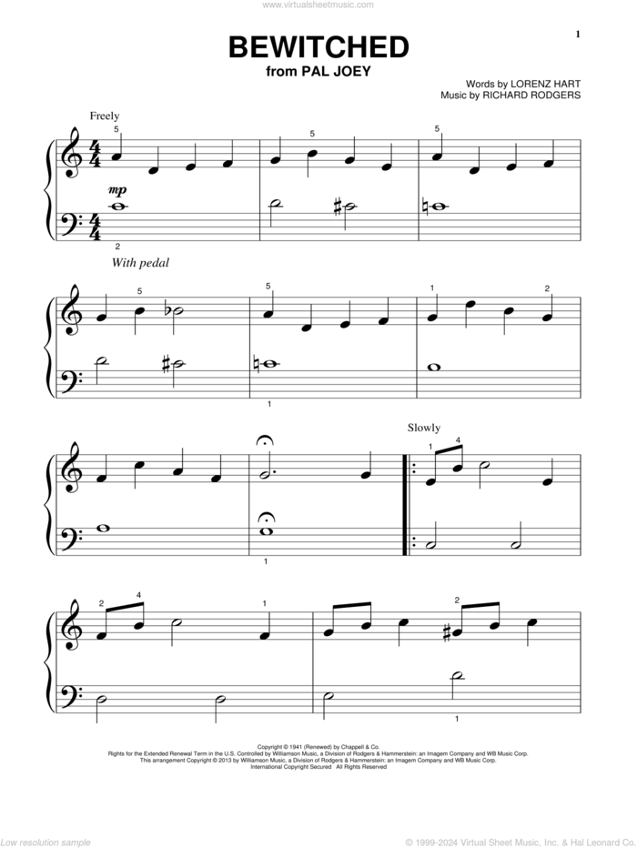 Bewitched, (beginner) sheet music for piano solo by Rodgers & Hart, Lorenz Hart and Richard Rodgers, beginner skill level