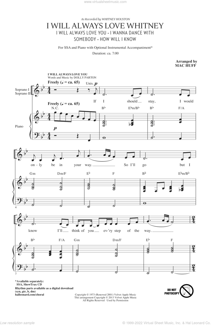 I Will Always Love Whitney sheet music for choir (SSA: soprano, alto) by Mac Huff, intermediate skill level