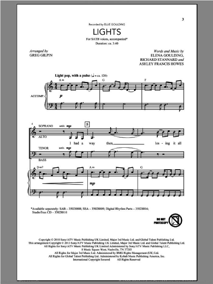 Lights sheet music for choir (SATB: soprano, alto, tenor, bass) by Greg Gilpin and Ellie Goulding, intermediate skill level