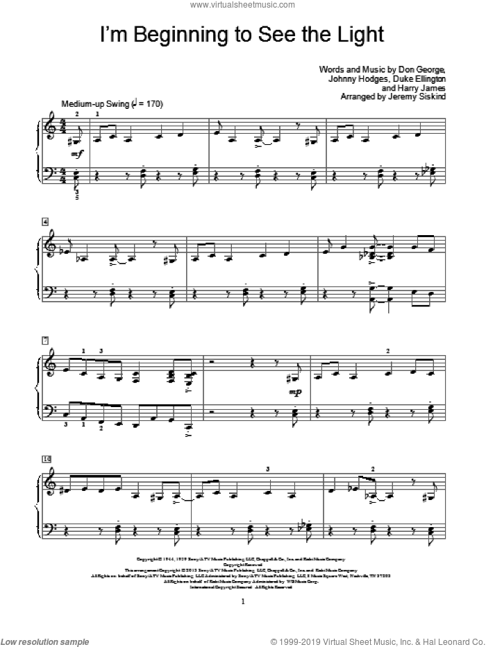I'm Beginning To See The Light sheet music for piano solo (elementary) by Jeremy Siskind, beginner piano (elementary)