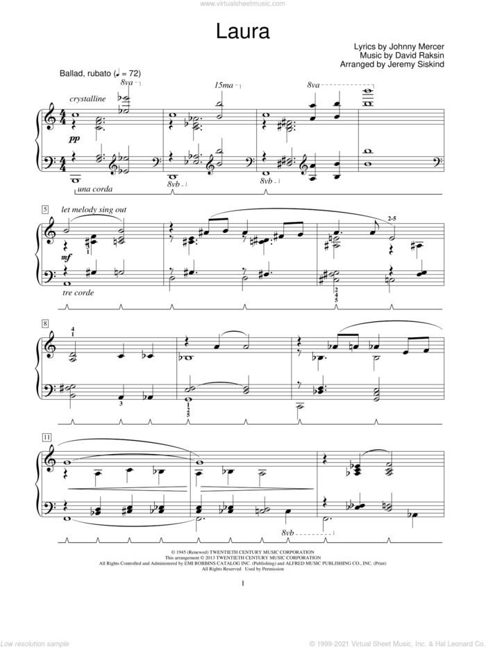 Laura sheet music for piano solo (elementary) by Johnny Mercer, David Raksin and Jeremy Siskind, beginner piano (elementary)