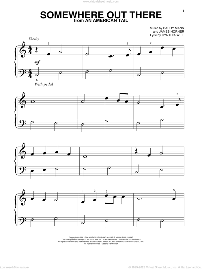 Somewhere Out There, (beginner) sheet music for piano solo by Linda Ronstadt & James Ingram, Barry Mann, Cynthia Weil and James Horner, beginner skill level