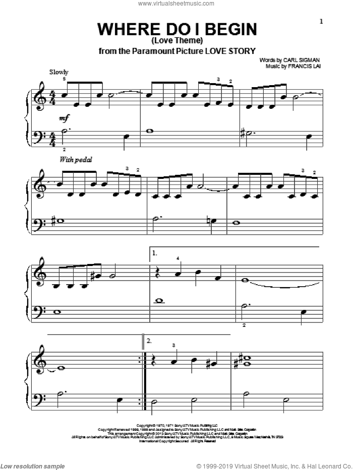 Where Do I Begin (Love Theme), (beginner) (Love Theme) sheet music for piano solo by Andy Williams, Carl Sigman and Francis Lai, beginner skill level