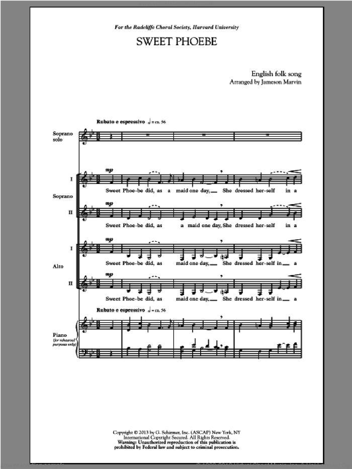 Sweet Phoebe sheet music for choir (SSA: soprano, alto) by Jameson Marvin, intermediate skill level