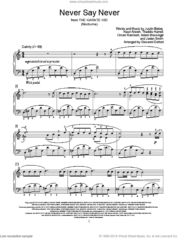 Never Say Never sheet music for piano solo (elementary) by Justin Bieber and Giovanni Dettori, beginner piano (elementary)
