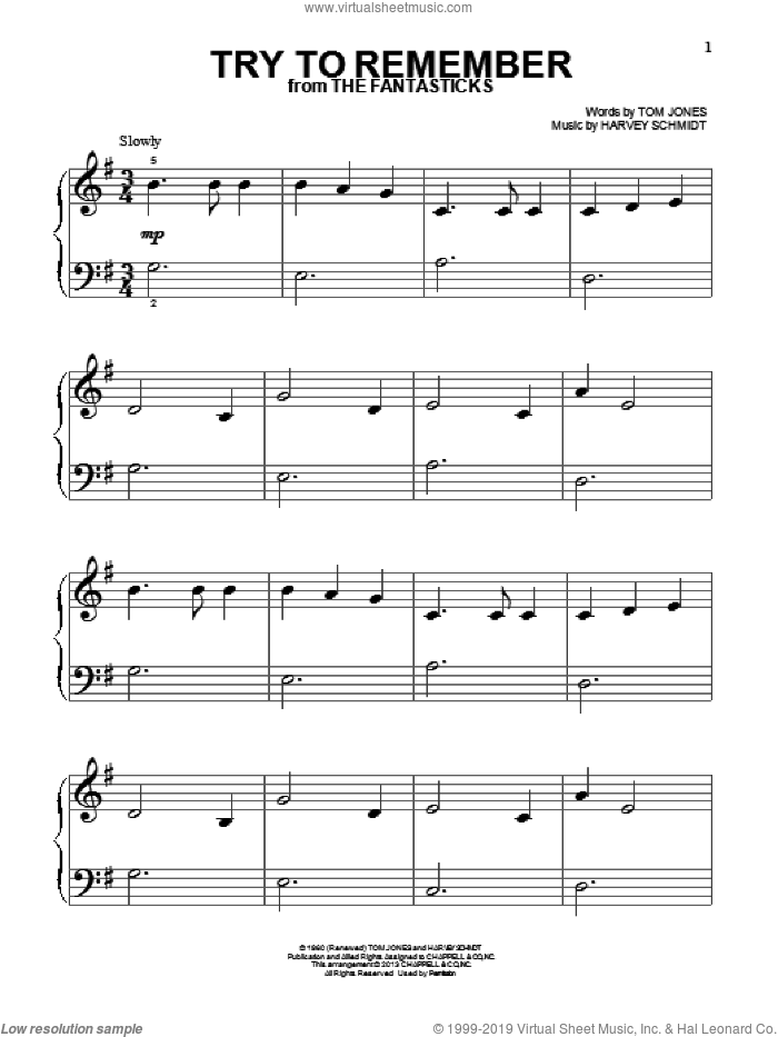 Try To Remember sheet music for piano solo (big note book) by Harvey Schmidt and Tom Jones, easy piano (big note book)
