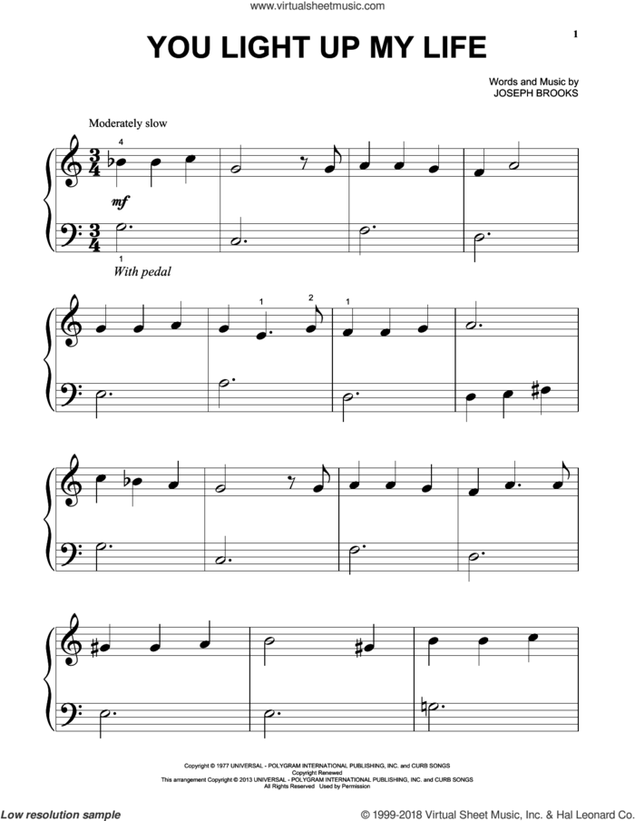 You Light Up My Life, (beginner) sheet music for piano solo by Debby Boone and Joseph Brooks, wedding score, beginner skill level
