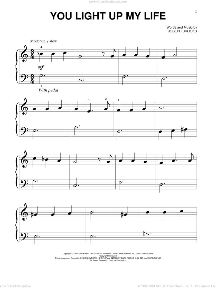 You Light Up My Life sheet music for piano solo by Debby Boone and Joseph Brooks, wedding score, beginner skill level