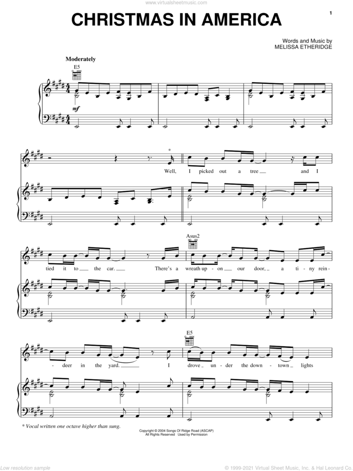 Christmas In America sheet music for voice, piano or guitar by Melissa Etheridge, intermediate skill level